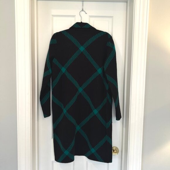 Ann Taylor Long Cardigan Sweater Coat – Black & Teal Plaid - Size XXS - Picture 2 of 5